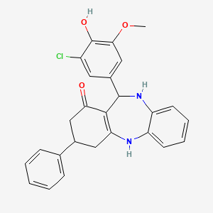 molecular formula C26H23ClN2O3 B11096450 11-(3-chloro-4-hydroxy-5-methoxyphenyl)-3-phenyl-2,3,4,5,10,11-hexahydro-1H-dibenzo[b,e][1,4]diazepin-1-one 