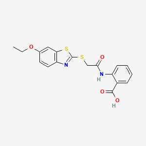 molecular formula C18H16N2O4S2 B11096501 2-({[(6-Ethoxy-1,3-benzothiazol-2-yl)sulfanyl]acetyl}amino)benzoic acid 