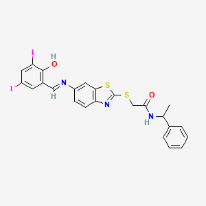 2-[(6-{[(E)-(2-hydroxy-3,5-diiodophenyl)methylidene]amino}-1,3-benzothiazol-2-yl)sulfanyl]-N-(1-phenylethyl)acetamide