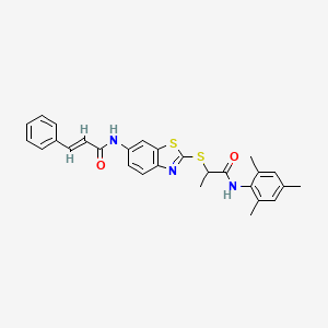 molecular formula C28H27N3O2S2 B11097475 (2E)-N-[2-({1-oxo-1-[(2,4,6-trimethylphenyl)amino]propan-2-yl}sulfanyl)-1,3-benzothiazol-6-yl]-3-phenylprop-2-enamide 