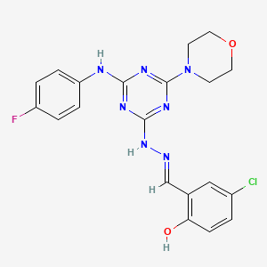 molecular formula C20H19ClFN7O2 B11097619 4-chloro-2-[(E)-(2-{4-[(4-fluorophenyl)amino]-6-(morpholin-4-yl)-1,3,5-triazin-2-yl}hydrazinylidene)methyl]phenol 