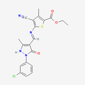 ethyl 5-({(E)-[1-(3-chlorophenyl)-3-methyl-5-oxo-1,5-dihydro-4H-pyrazol-4-ylidene]methyl}amino)-4-cyano-3-methylthiophene-2-carboxylate