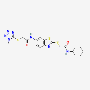 molecular formula C19H23N7O2S3 B11097991 N-(2-{[2-(cyclohexylamino)-2-oxoethyl]sulfanyl}-1,3-benzothiazol-6-yl)-2-[(1-methyl-1H-tetrazol-5-yl)sulfanyl]acetamide 