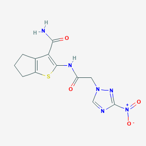 molecular formula C12H12N6O4S B11098156 2-{[(3-nitro-1H-1,2,4-triazol-1-yl)acetyl]amino}-5,6-dihydro-4H-cyclopenta[b]thiophene-3-carboxamide 