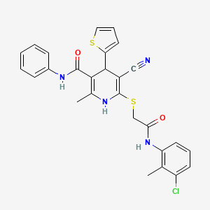 molecular formula C27H23ClN4O2S2 B11098169 6-({2-[(3-chloro-2-methylphenyl)amino]-2-oxoethyl}sulfanyl)-5-cyano-2-methyl-N-phenyl-4-(thiophen-2-yl)-1,4-dihydropyridine-3-carboxamide 