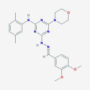 molecular formula C24H29N7O3 B11098234 4-[(2E)-2-(3,4-dimethoxybenzylidene)hydrazinyl]-N-(2,5-dimethylphenyl)-6-(morpholin-4-yl)-1,3,5-triazin-2-amine 