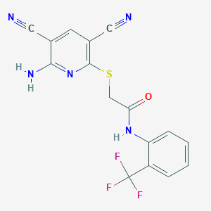 molecular formula C16H10F3N5OS B11098449 2-[(6-amino-3,5-dicyanopyridin-2-yl)sulfanyl]-N-[2-(trifluoromethyl)phenyl]acetamide 