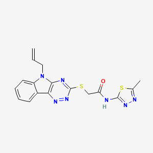 molecular formula C17H15N7OS2 B11098460 N-(5-methyl-1,3,4-thiadiazol-2-yl)-2-{[5-(prop-2-en-1-yl)-5H-[1,2,4]triazino[5,6-b]indol-3-yl]sulfanyl}acetamide 