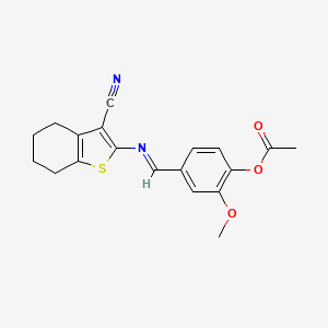 molecular formula C19H18N2O3S B11098468 4-[(E)-[(3-Cyano-4,5,6,7-tetrahydro-1-benzothiophen-2-YL)imino]methyl]-2-methoxyphenyl acetate 