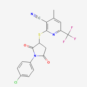 molecular formula C18H11ClF3N3O2S B11098482 2-{[1-(4-Chlorophenyl)-2,5-dioxopyrrolidin-3-yl]sulfanyl}-4-methyl-6-(trifluoromethyl)pyridine-3-carbonitrile 