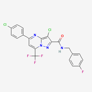 molecular formula C21H12Cl2F4N4O B11098731 3-chloro-5-(4-chlorophenyl)-N-(4-fluorobenzyl)-7-(trifluoromethyl)pyrazolo[1,5-a]pyrimidine-2-carboxamide 