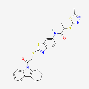 molecular formula C27H25N5O2S4 B11098775 2-[(5-methyl-1,3,4-thiadiazol-2-yl)sulfanyl]-N-(2-{[2-oxo-2-(1,2,3,4-tetrahydro-9H-carbazol-9-yl)ethyl]sulfanyl}-1,3-benzothiazol-6-yl)propanamide 