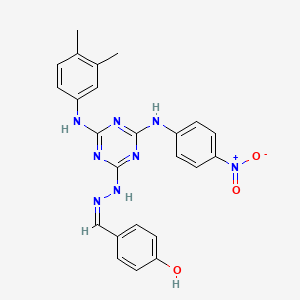 molecular formula C24H22N8O3 B11098796 4-[(Z)-(2-{4-[(3,4-dimethylphenyl)amino]-6-[(4-nitrophenyl)amino]-1,3,5-triazin-2-yl}hydrazinylidene)methyl]phenol 