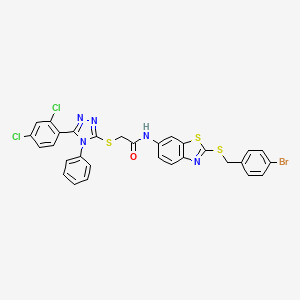 molecular formula C30H20BrCl2N5OS3 B11098844 N-{2-[(4-bromobenzyl)sulfanyl]-1,3-benzothiazol-6-yl}-2-{[5-(2,4-dichlorophenyl)-4-phenyl-4H-1,2,4-triazol-3-yl]sulfanyl}acetamide 