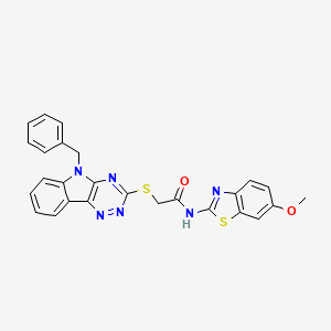 molecular formula C26H20N6O2S2 B11099168 2-[(5-benzyl-5H-[1,2,4]triazino[5,6-b]indol-3-yl)sulfanyl]-N-(6-methoxy-1,3-benzothiazol-2-yl)acetamide 