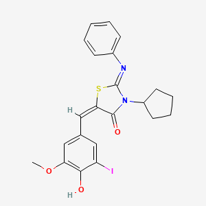 molecular formula C22H21IN2O3S B11099575 (2E,5E)-3-cyclopentyl-5-(4-hydroxy-3-iodo-5-methoxybenzylidene)-2-(phenylimino)-1,3-thiazolidin-4-one 