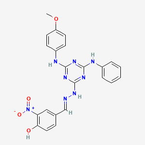 4-[(E)-(2-{4-[(4-methoxyphenyl)amino]-6-(phenylamino)-1,3,5-triazin-2-yl}hydrazinylidene)methyl]-2-nitrophenol