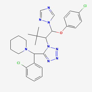 molecular formula C27H32Cl2N8O B11100027 1-[{1-[1-(4-chlorophenoxy)-3,3-dimethyl-1-(1H-1,2,4-triazol-1-yl)butan-2-yl]-1H-tetrazol-5-yl}(2-chlorophenyl)methyl]piperidine 