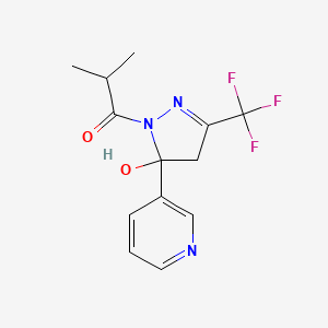 molecular formula C13H14F3N3O2 B11100120 1-[5-hydroxy-5-(pyridin-3-yl)-3-(trifluoromethyl)-4,5-dihydro-1H-pyrazol-1-yl]-2-methylpropan-1-one 