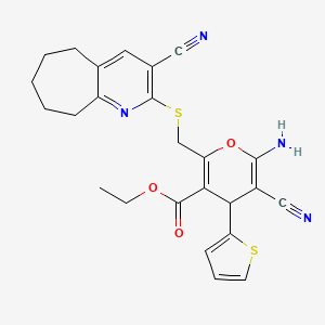 molecular formula C25H24N4O3S2 B11100473 ethyl 6-amino-5-cyano-2-{[(3-cyano-6,7,8,9-tetrahydro-5H-cyclohepta[b]pyridin-2-yl)sulfanyl]methyl}-4-(thiophen-2-yl)-4H-pyran-3-carboxylate 