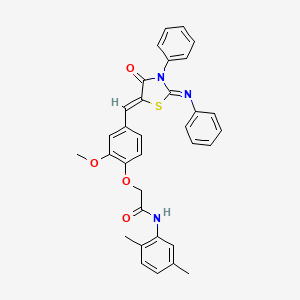 molecular formula C33H29N3O4S B11100813 N-(2,5-dimethylphenyl)-2-(2-methoxy-4-{(Z)-[(2Z)-4-oxo-3-phenyl-2-(phenylimino)-1,3-thiazolidin-5-ylidene]methyl}phenoxy)acetamide 