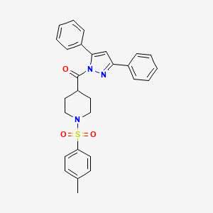 molecular formula C28H27N3O3S B11100957 (3,5-diphenyl-1H-pyrazol-1-yl){1-[(4-methylphenyl)sulfonyl]piperidin-4-yl}methanone 