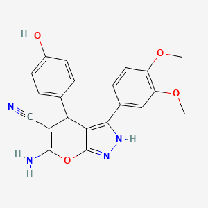 molecular formula C21H18N4O4 B11101332 6-Amino-3-(3,4-dimethoxyphenyl)-4-(4-hydroxyphenyl)-1,4-dihydropyrano[2,3-c]pyrazole-5-carbonitrile 