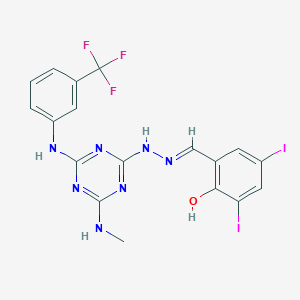 molecular formula C18H14F3I2N7O B11101566 2,4-diiodo-6-[(E)-{2-[4-(methylamino)-6-{[3-(trifluoromethyl)phenyl]amino}-1,3,5-triazin-2-yl]hydrazinylidene}methyl]phenol 