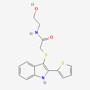 molecular formula C16H16N2O2S2 B11101584 N-(2-hydroxyethyl)-2-{[2-(thiophen-2-yl)-1H-indol-3-yl]sulfanyl}acetamide 