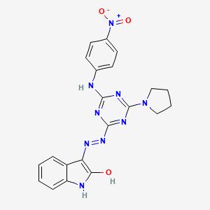 molecular formula C21H19N9O3 B11101664 (3E)-3-(2-{4-[(4-nitrophenyl)amino]-6-(pyrrolidin-1-yl)-1,3,5-triazin-2-yl}hydrazinylidene)-1,3-dihydro-2H-indol-2-one 