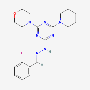 molecular formula C19H24FN7O B11101956 2-[(2E)-2-(2-fluorobenzylidene)hydrazinyl]-4-(morpholin-4-yl)-6-(piperidin-1-yl)-1,3,5-triazine 