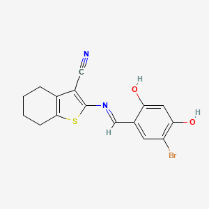 molecular formula C16H13BrN2O2S B11102436 2-{[(E)-(5-bromo-2,4-dihydroxyphenyl)methylidene]amino}-4,5,6,7-tetrahydro-1-benzothiophene-3-carbonitrile 