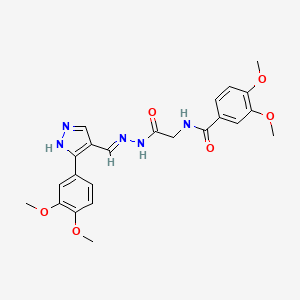 molecular formula C23H25N5O6 B11102859 N-[2-(2-{(E)-1-[3-(3,4-Dimethoxyphenyl)-1H-pyrazol-4-YL]methylidene}hydrazino)-2-oxoethyl]-3,4-dimethoxybenzamide 