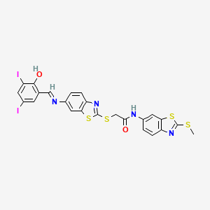 2-[(6-{[(E)-(2-hydroxy-3,5-diiodophenyl)methylidene]amino}-1,3-benzothiazol-2-yl)sulfanyl]-N-[2-(methylsulfanyl)-1,3-benzothiazol-6-yl]acetamide