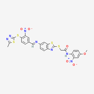 N-(4-methoxy-2-nitrophenyl)-2-[(6-{[(E)-{4-[(5-methyl-1,3,4-thiadiazol-2-yl)sulfanyl]-3-nitrophenyl}methylidene]amino}-1,3-benzothiazol-2-yl)sulfanyl]acetamide