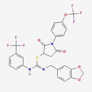 molecular formula C27H19F6N3O5S B11103990 2,5-dioxo-1-[4-(trifluoromethoxy)phenyl]pyrrolidin-3-yl N-(1,3-benzodioxol-5-ylmethyl)-N'-[3-(trifluoromethyl)phenyl]carbamimidothioate 