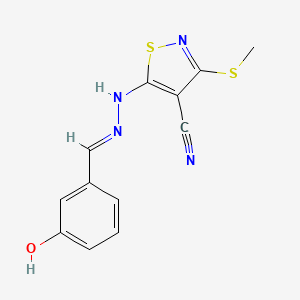 molecular formula C12H10N4OS2 B11104531 5-[(2E)-2-(3-hydroxybenzylidene)hydrazinyl]-3-(methylsulfanyl)-1,2-thiazole-4-carbonitrile 