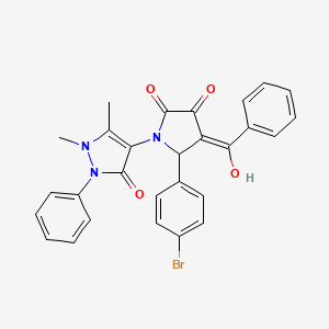 molecular formula C28H22BrN3O4 B11104625 (4E)-5-(4-bromophenyl)-1-(1,5-dimethyl-3-oxo-2-phenyl-2,3-dihydro-1H-pyrazol-4-yl)-4-[hydroxy(phenyl)methylidene]pyrrolidine-2,3-dione 