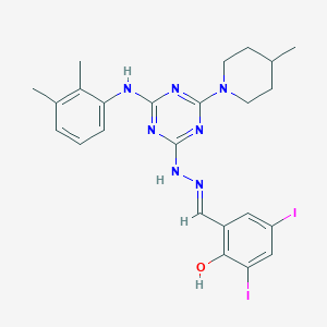 2-[(E)-(2-{4-[(2,3-dimethylphenyl)amino]-6-(4-methylpiperidin-1-yl)-1,3,5-triazin-2-yl}hydrazinylidene)methyl]-4,6-diiodophenol