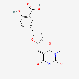 molecular formula C18H14N2O7 B11106172 5-{5-[(1,3-dimethyl-2,4,6-trioxotetrahydropyrimidin-5(2H)-ylidene)methyl]furan-2-yl}-2-hydroxybenzoic acid 