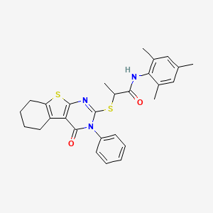 2-[(4-oxo-3-phenyl-3,4,5,6,7,8-hexahydro[1]benzothieno[2,3-d]pyrimidin-2-yl)sulfanyl]-N-(2,4,6-trimethylphenyl)propanamide