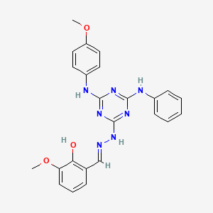 2-methoxy-6-[(E)-(2-{4-[(4-methoxyphenyl)amino]-6-(phenylamino)-1,3,5-triazin-2-yl}hydrazinylidene)methyl]phenol