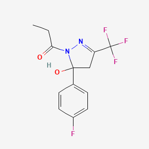 molecular formula C13H12F4N2O2 B11106329 1-[5-(4-fluorophenyl)-5-hydroxy-3-(trifluoromethyl)-4,5-dihydro-1H-pyrazol-1-yl]propan-1-one 