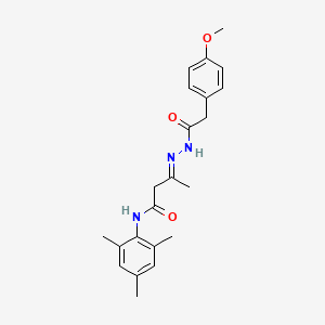 (3E)-3-{2-[(4-methoxyphenyl)acetyl]hydrazinylidene}-N-(2,4,6-trimethylphenyl)butanamide