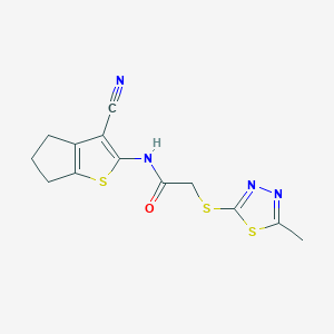 molecular formula C13H12N4OS3 B11107439 N-(3-cyano-5,6-dihydro-4H-cyclopenta[b]thiophen-2-yl)-2-[(5-methyl-1,3,4-thiadiazol-2-yl)sulfanyl]acetamide 