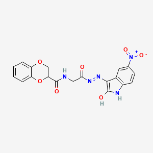 molecular formula C19H15N5O7 B11107619 N-({N'-[(3E)-5-Nitro-2-oxo-2,3-dihydro-1H-indol-3-ylidene]hydrazinecarbonyl}methyl)-2,3-dihydro-1,4-benzodioxine-2-carboxamide 