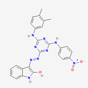 (3Z)-3-(2-{4-[(3,4-dimethylphenyl)amino]-6-[(4-nitrophenyl)amino]-1,3,5-triazin-2-yl}hydrazinylidene)-1,3-dihydro-2H-indol-2-one