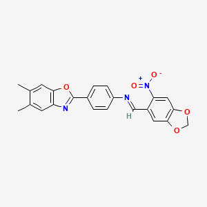 4-(5,6-dimethyl-1,3-benzoxazol-2-yl)-N-[(E)-(6-nitro-1,3-benzodioxol-5-yl)methylidene]aniline