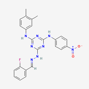 molecular formula C24H21FN8O2 B11108697 N-(3,4-dimethylphenyl)-6-[(2E)-2-(2-fluorobenzylidene)hydrazinyl]-N'-(4-nitrophenyl)-1,3,5-triazine-2,4-diamine 