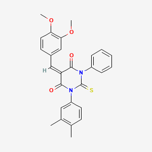 (5E)-5-(3,4-dimethoxybenzylidene)-1-(3,4-dimethylphenyl)-3-phenyl-2-thioxodihydropyrimidine-4,6(1H,5H)-dione